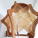 Vintage 1960s wood and straw wooden ceiling hanging lamp