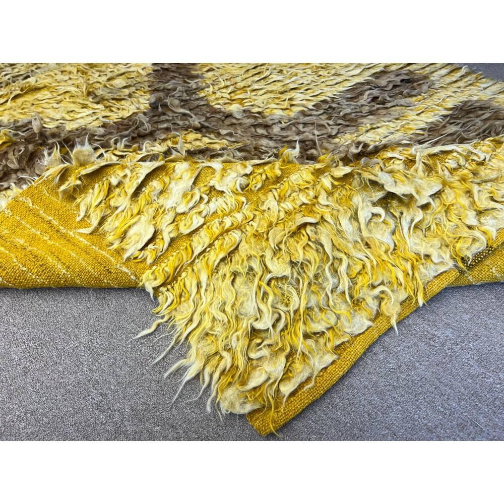 Vintage Hand-Knotted Shag Pile Rug with Brown Geometric Design on a Yellow Field, 100% Mohair Wool