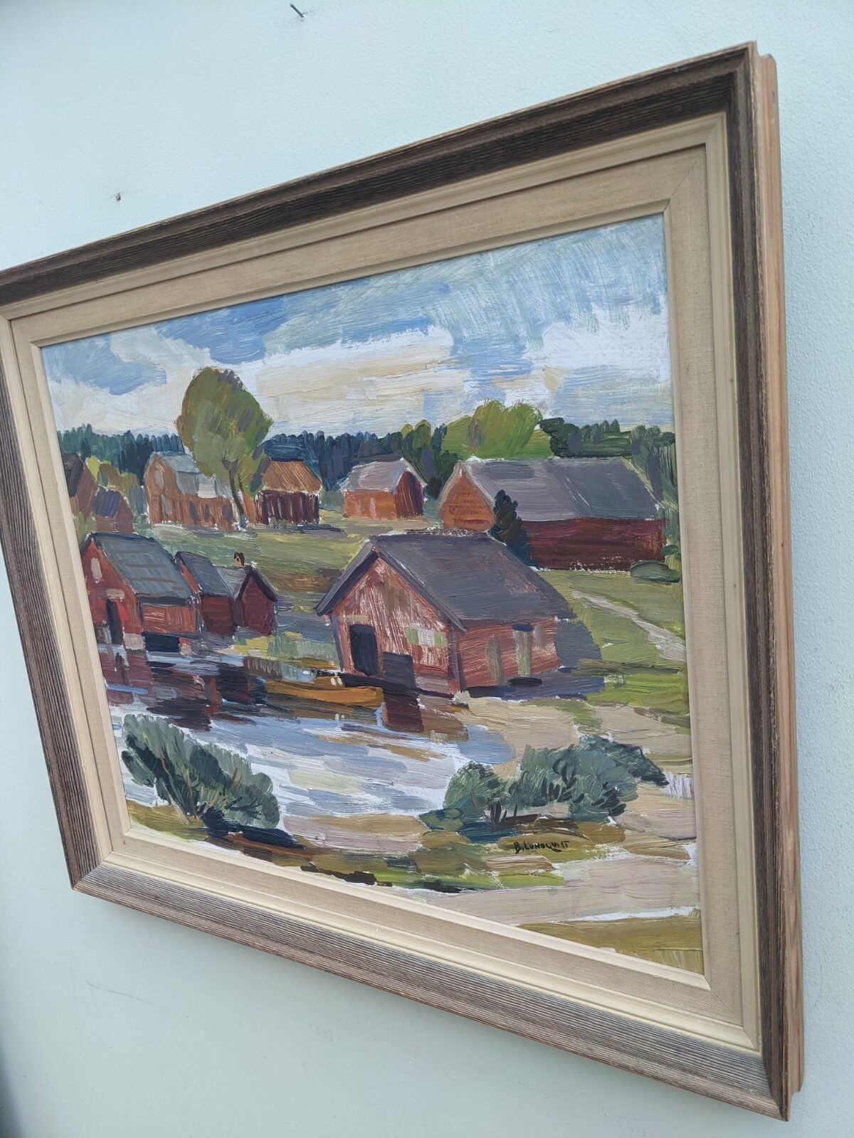 Mid-Century Modern "Lake Houses" Swedish Vintage Landscape Oil Painting, Framed