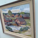 Mid-Century Modern "Lake Houses" Swedish Vintage Landscape Oil Painting, Framed