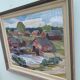 Peinture à l’huile de paysage vintage suédoise « maisons de lac » moderne du milieu du siècle, encadrée