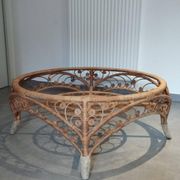 Large Peacock-French Riviera coffee table in rattan, bamboo, glass, vintage.