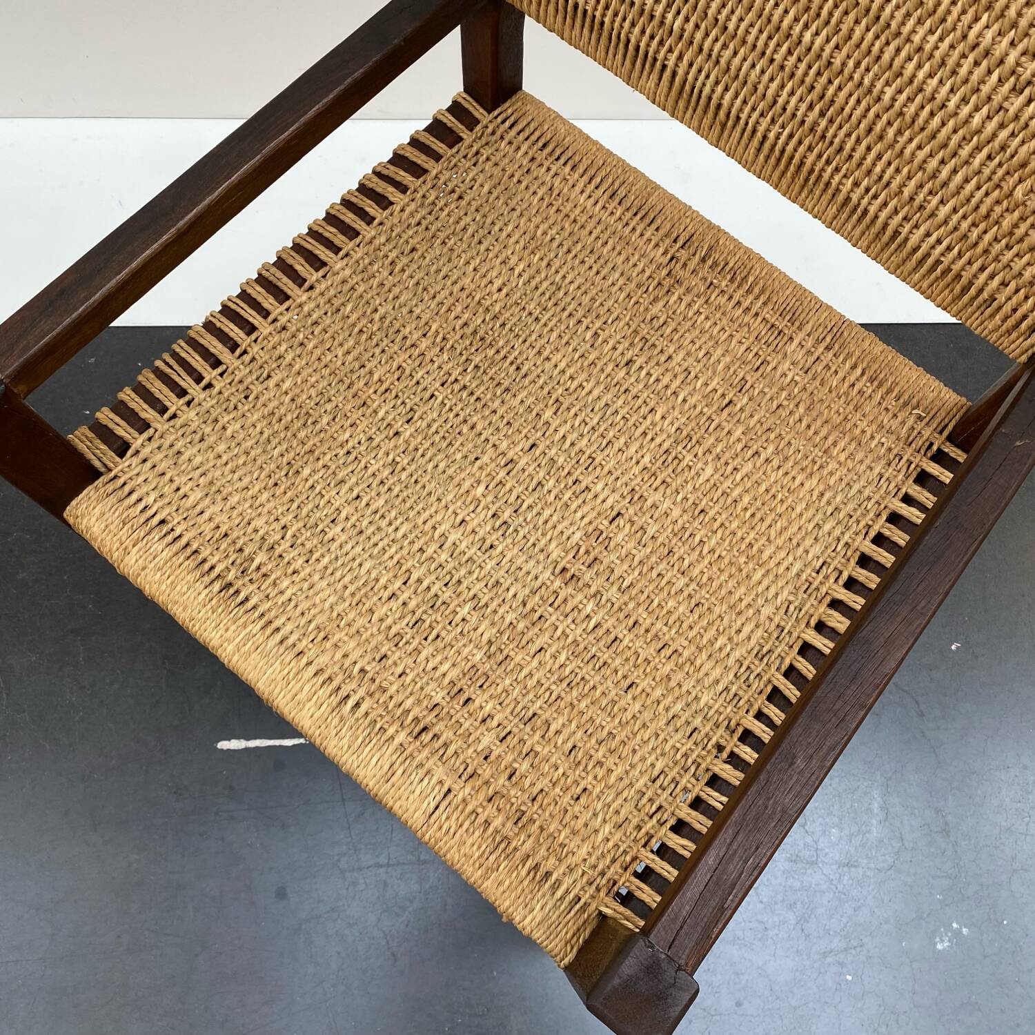 Brutalist armchair in wood and rope