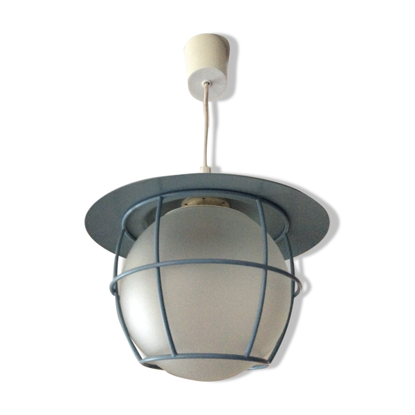 Suspension des années 70 cage en métal bleu et verre dépoli