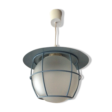 Suspension of the 70s cage in blue metal and frosted glass
