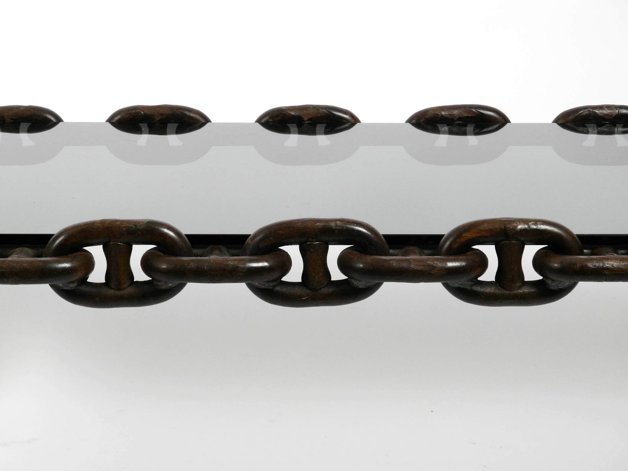 1970s XL Coffee Table Made of Nautical Iron Chain and a Thick Smoked Glass