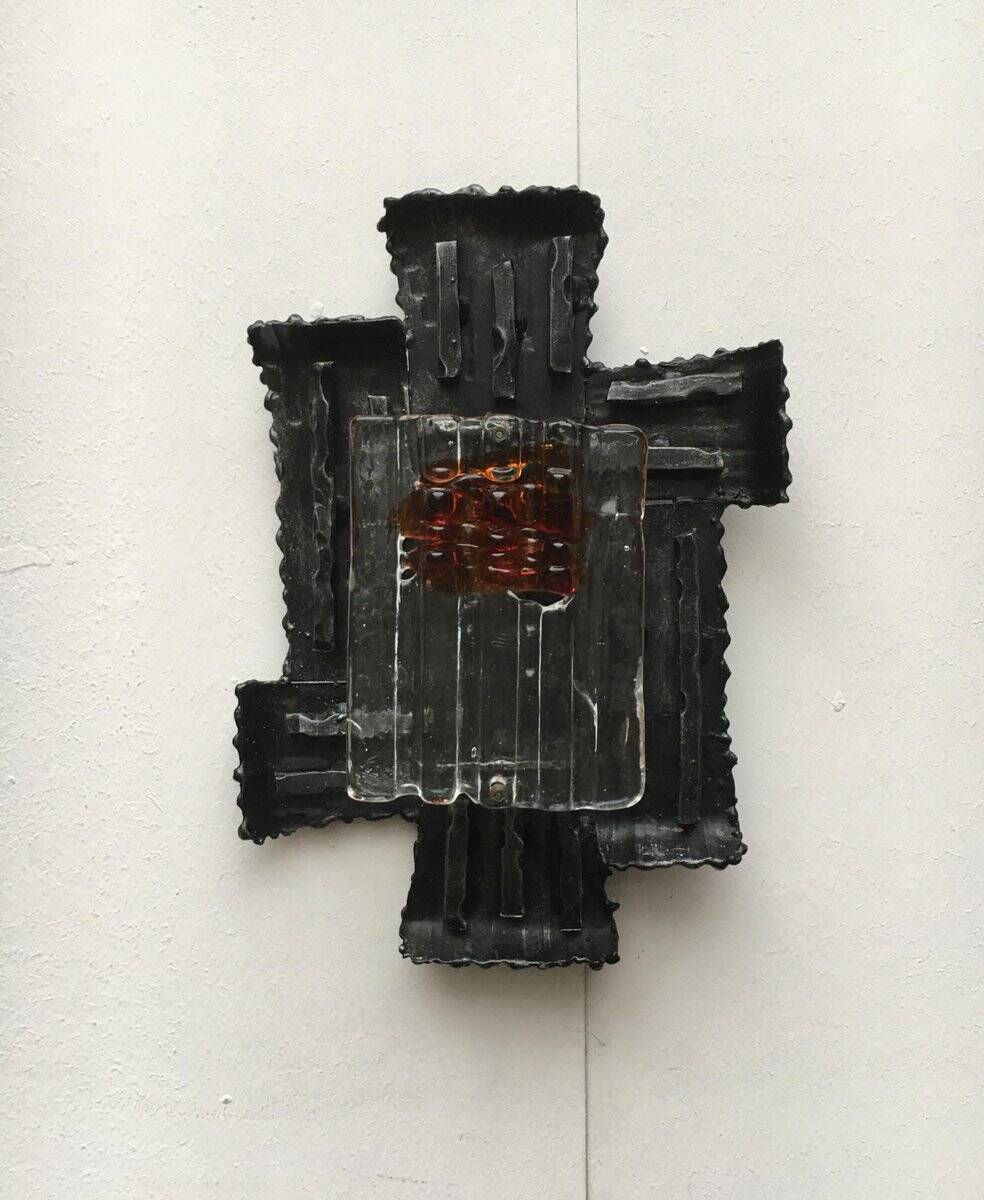 Vintage Italian brutalist wrought iron wall lamp by Albano Poli for Poliarte, set of 4.