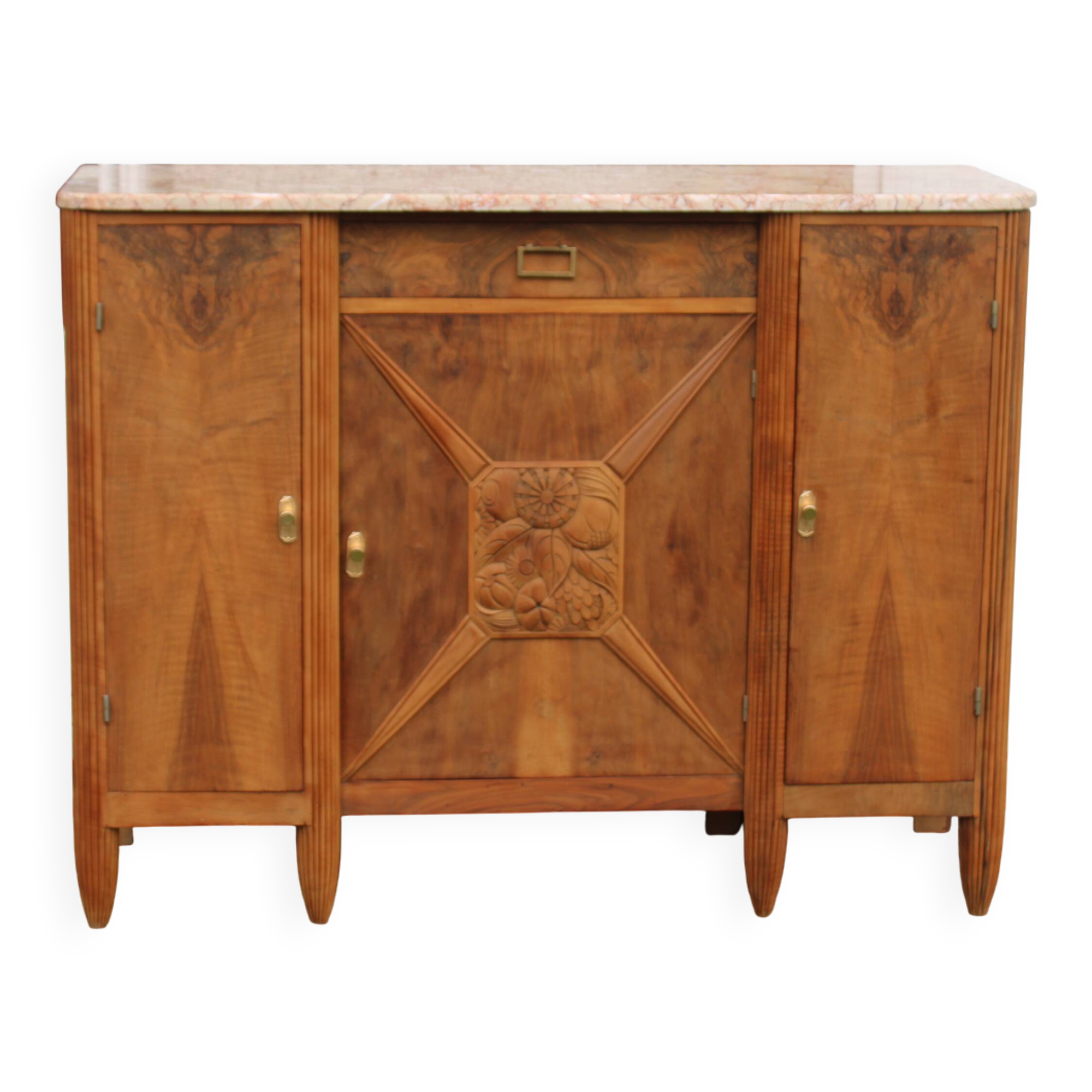 Buffet Art déco en noyer massif et placage – plateau marbre rose