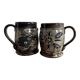 Vintage terracotta mugs with glazed designs and flower/fish motifs