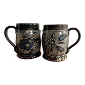 Chopes mugs vintage en terre cuite vernissée et dessins fleurs/poissons