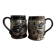 Vintage terracotta mugs with glazed designs and flower/fish motifs