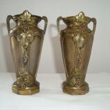 Pair of Small Cast Iron Vases Patterns Grapes Vines France Vintage Art Nouveau