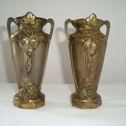 Pair of Small Cast Iron Vases Patterns Grapes Vines France Vintage Art Nouveau