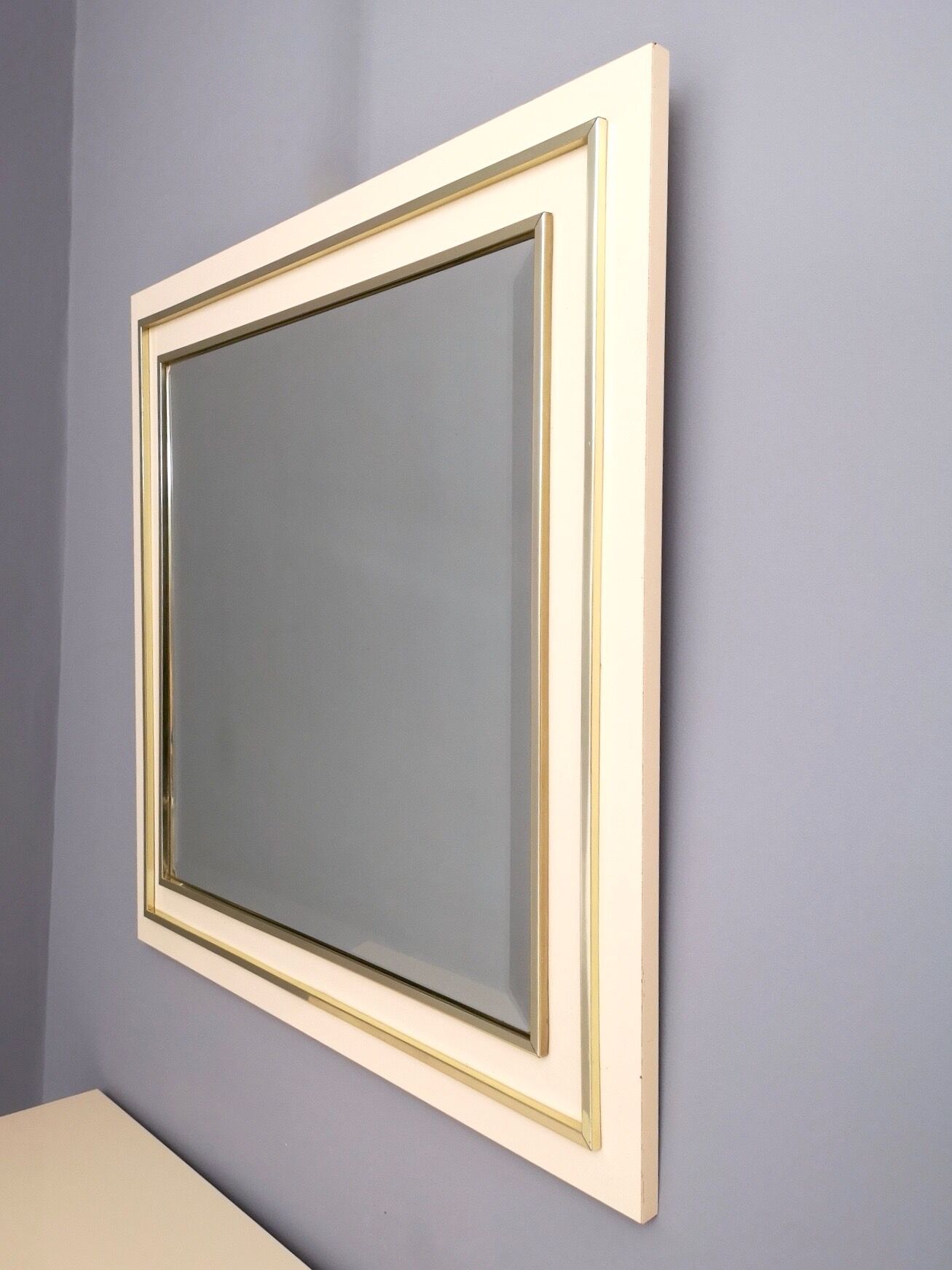 Postmodern pale pink formica and brass console with wall mirror, italy