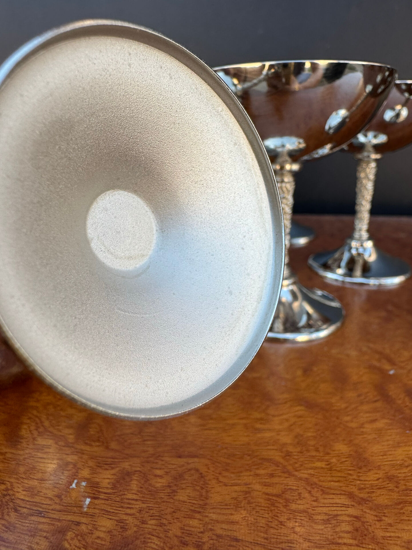 Silver-plated metal wine glasses on stems from the 1970s.