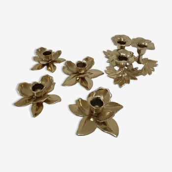 Five vintage solid brass flower candle holders