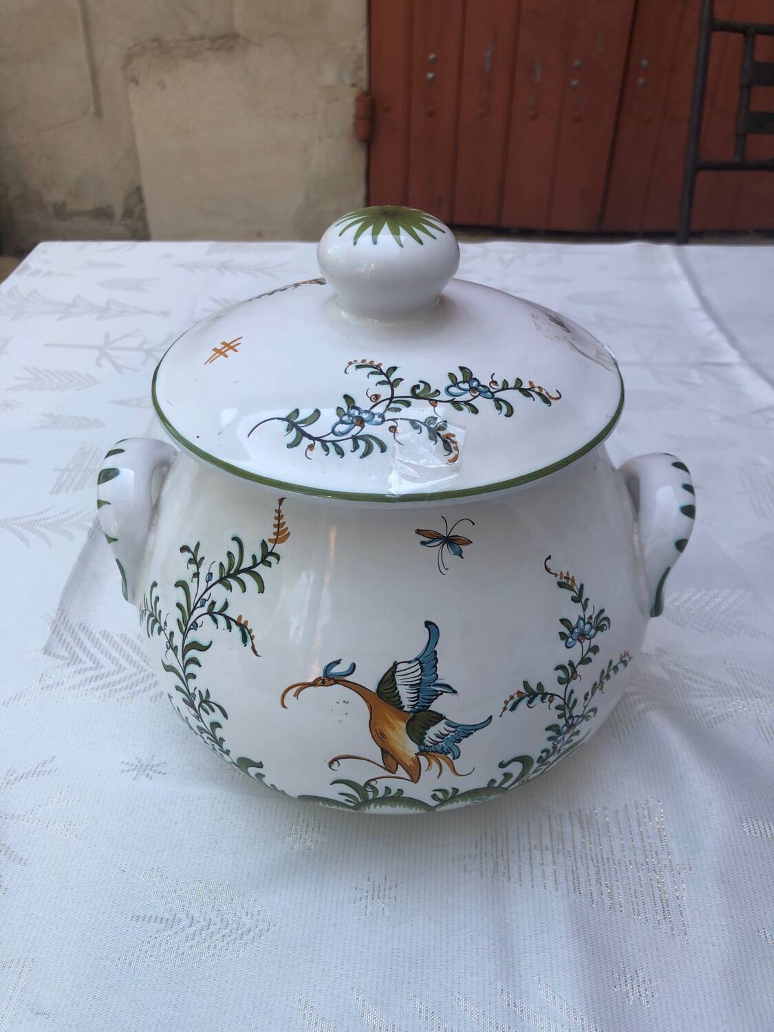 Vegetable dish or soup tureen in Moustiers earthenware signed LALLIER