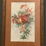 Aquarelle sur papier nature morte jeté de fleurs XXe par M. Jagu 1914
