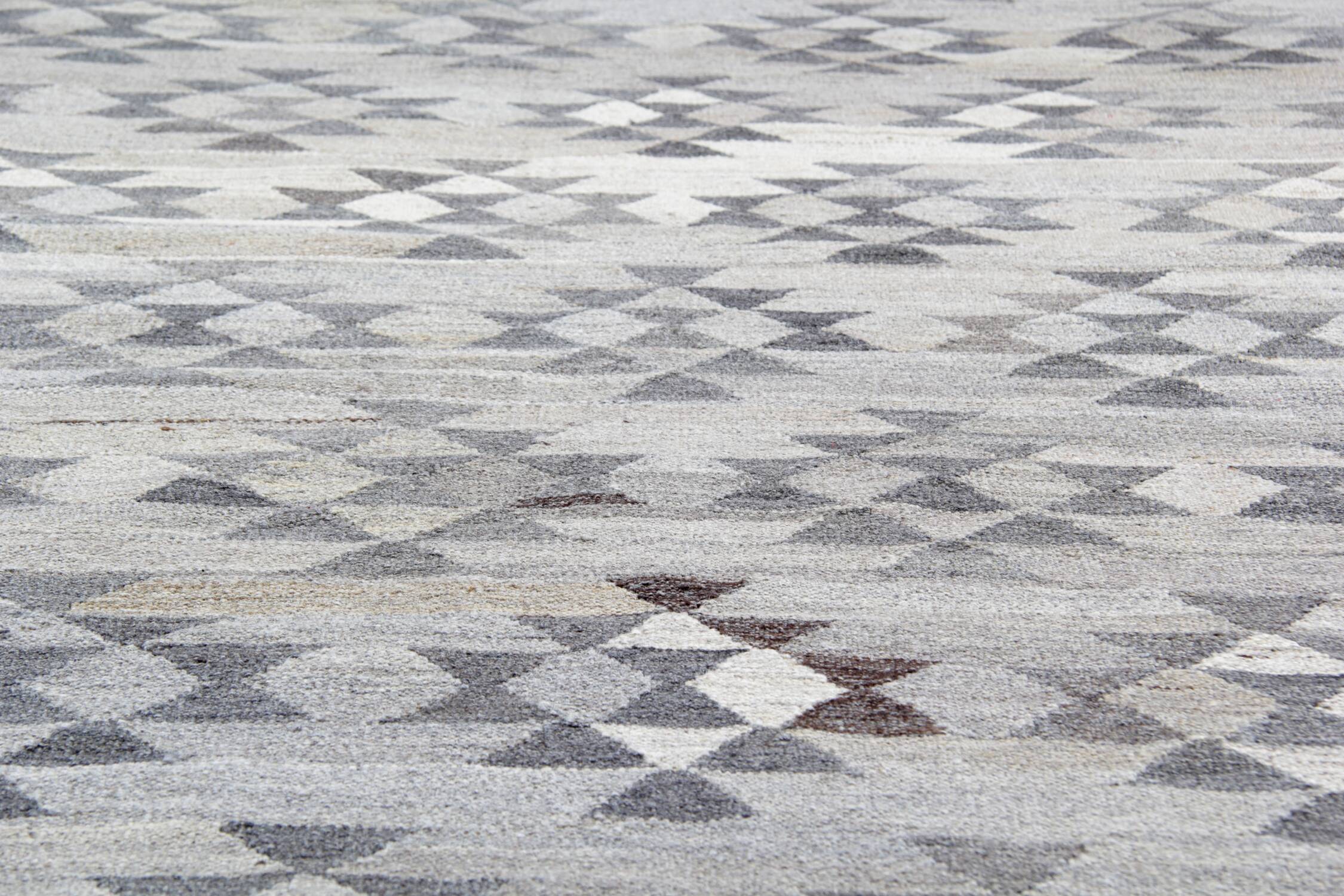 Handmade Afghan Kilim Rug, Grey Wool Geometric Flatweave Carpet 239x175cm