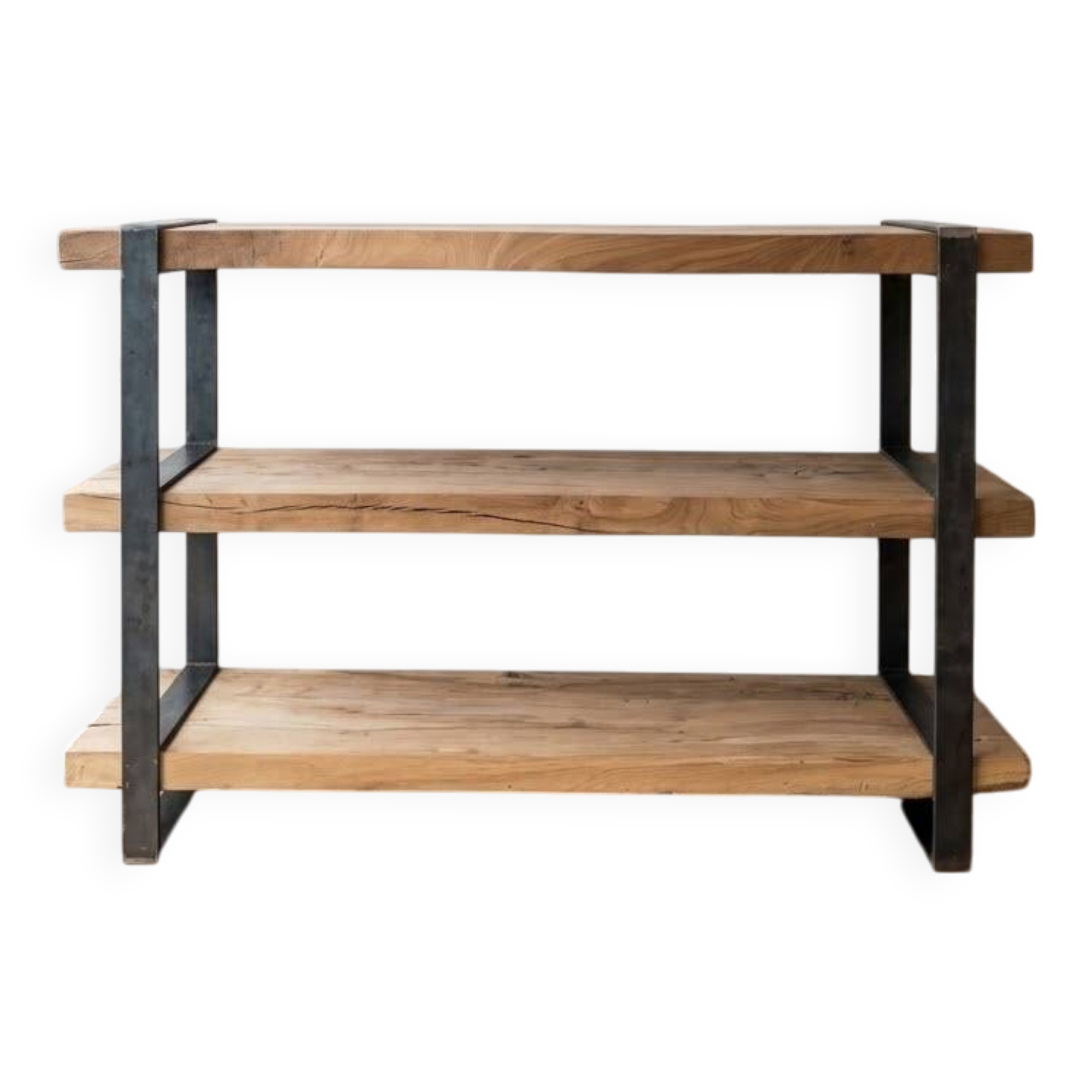 Industrial bookshelf console in solid wood and steel.
