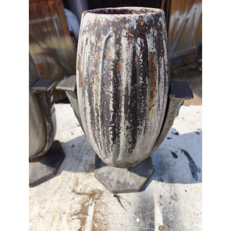Pair of enamelled cast iron vases in Art Deco style