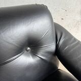 Vintage 1970s Italian Armchair by Poltrona Munari — Black Leather with Pine Wood Frame