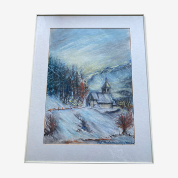 Pastel "chapel under the snow" signed