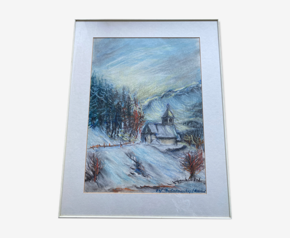 Pastel "chapelle sous la neige" signée