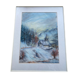 Pastel "chapel under the snow" signed