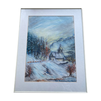 Pastel "chapel under the snow" signed