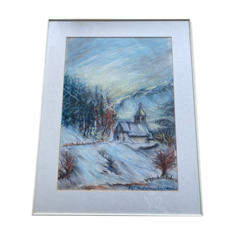 Pastel "chapelle sous la neige" signée