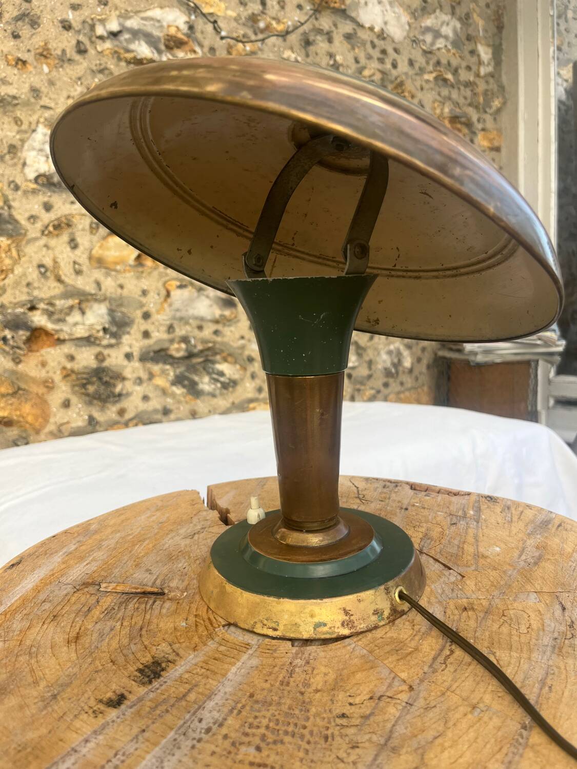 Vintage brass & green metal lamp - mushroom / Art Deco