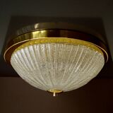 Large vintage ceiling lamp, glass and brass 60s