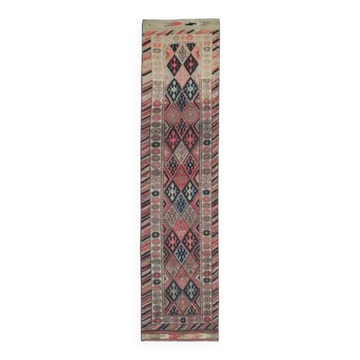 1970s Vintage Turkish Hand-Knotted Wool Cotton Purple Runner Rug 82x376