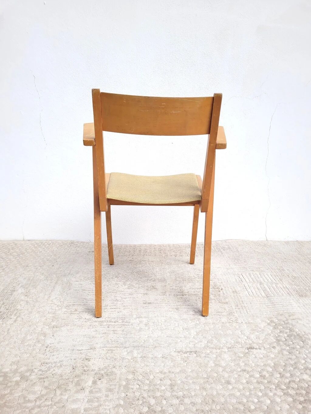 Vintage bridge armchair in beech and pale yellow faux leather from the 1960s.
