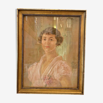 Antique pastel, elegant woman, "freysseix de la montagne, 1935