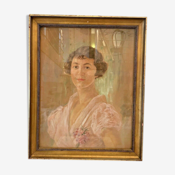 Pastel ancien, femme elegante, " freysseix de la montagne, 1935