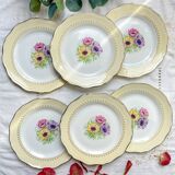 6 vintage porcelain dinner plates with white and golden yellow floral pattern L'Amandinoise "Coopélia" - Vintage floral tableware