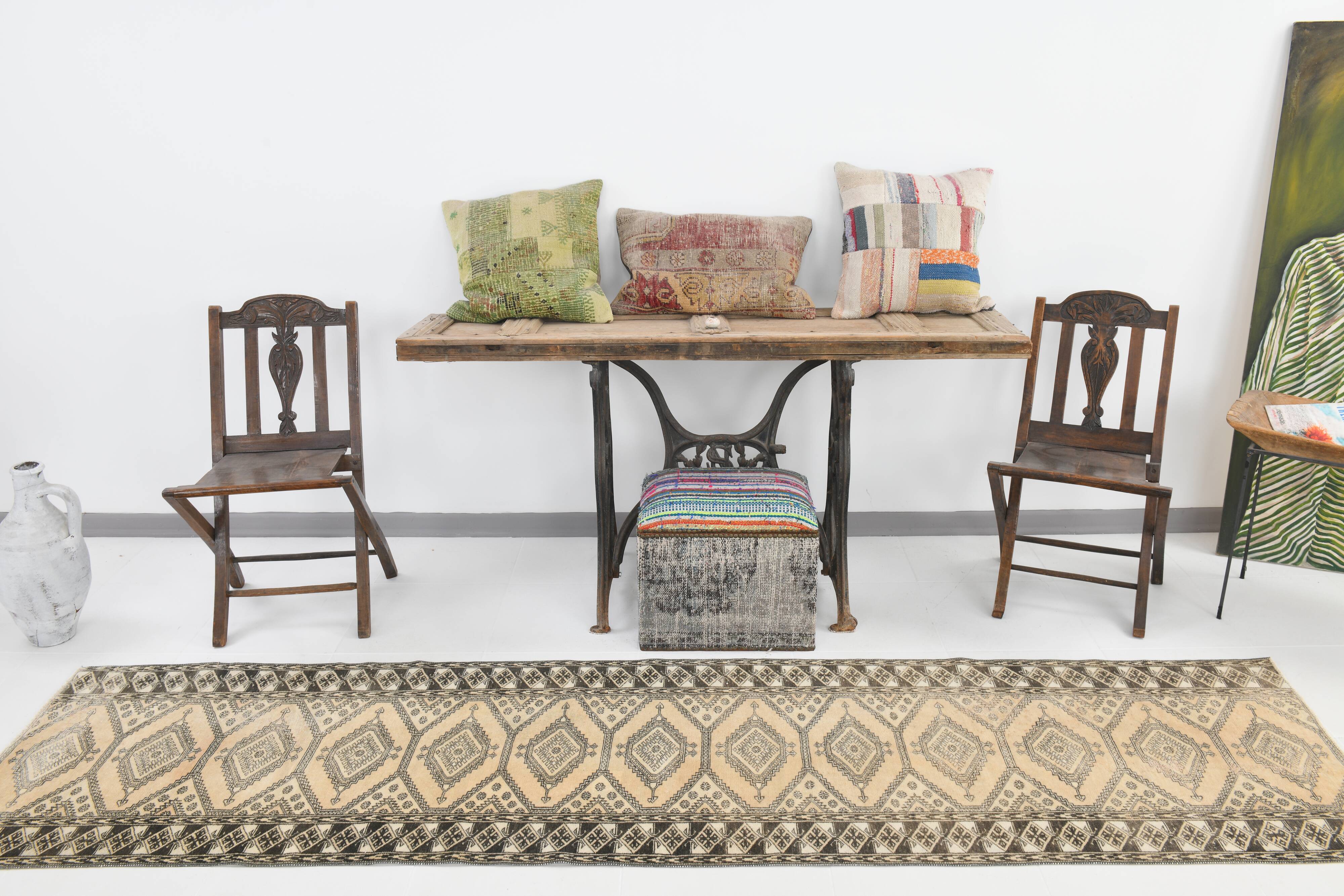 3x10 Cream Black Vintage Persian Runner Rug, 76x303Cm SK 20938