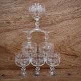 Set of 6 white wine/port glasses with grape and vine branch decoration cristal d'arc