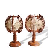Portuguese mid century natutal wood straw organic material bedside table lamps 1960s SET of 2
