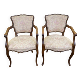 2 Louis XV Cabriolet Armchairs in Solid Wood and Floral Fabric 1950