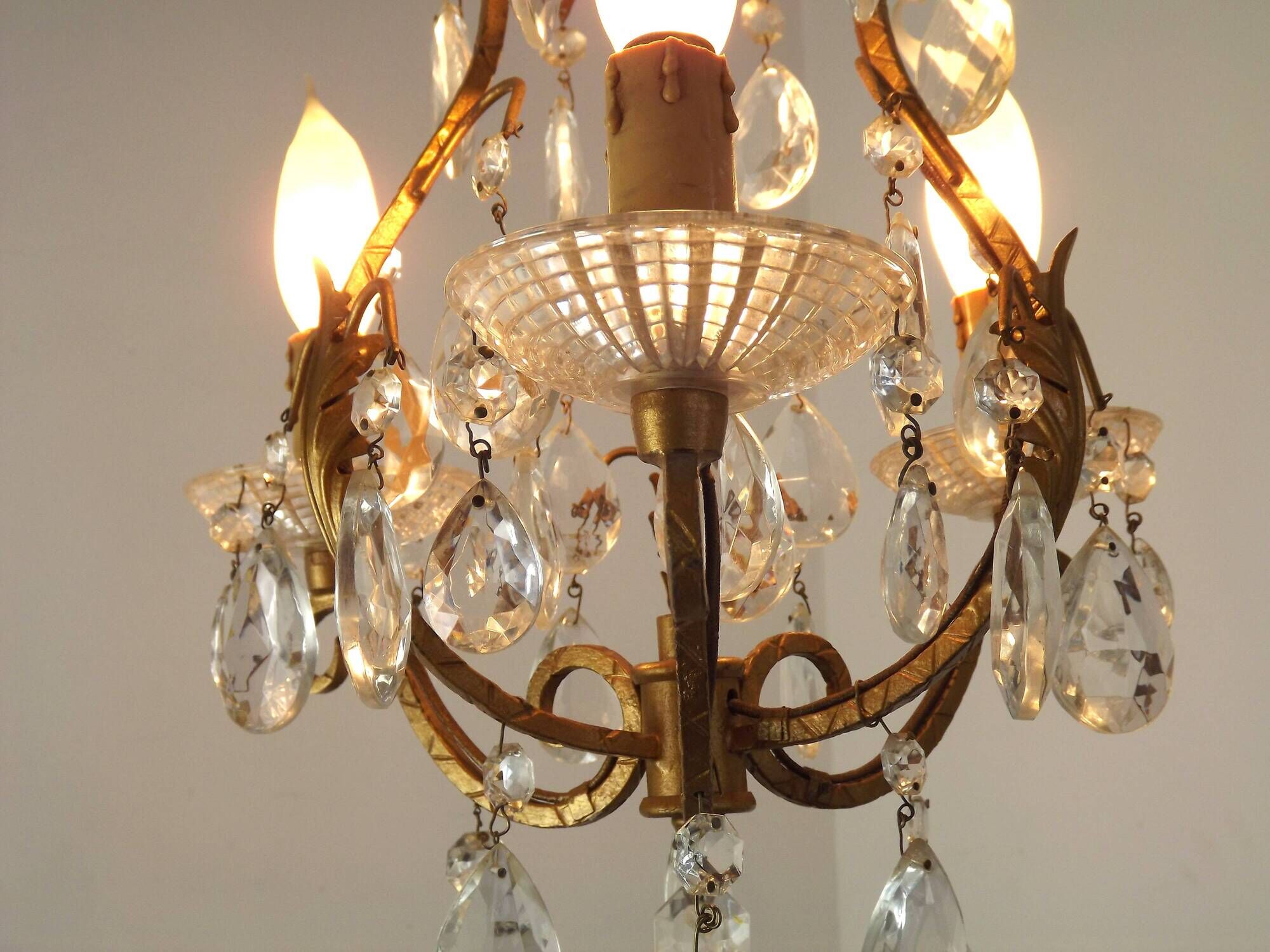 French Vintage Goldtone Metal & Crystal 3 Light Cage Chandelier 5502