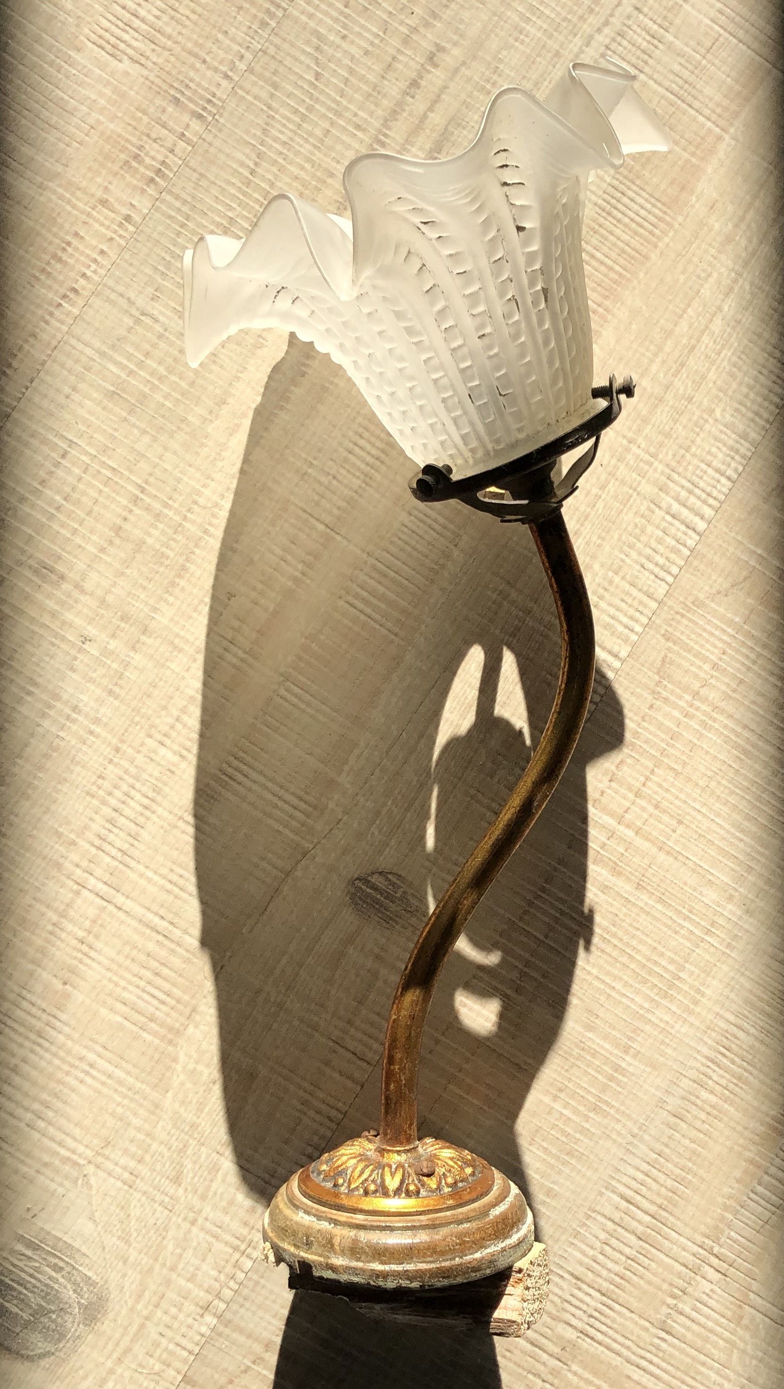 Wall light old swan collar wall in brass and frosted glass, good floral shape.