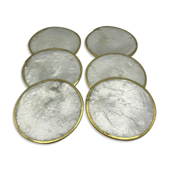 Set of 6 coasters in mother-of-pearl and brass