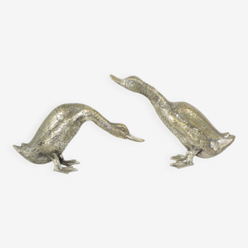 Couple de Canards Oies Bronze Argenté France Années 1940