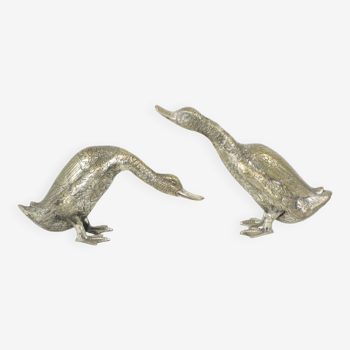Couple of Ducks Geese Silver Plated Bronze France 1940s