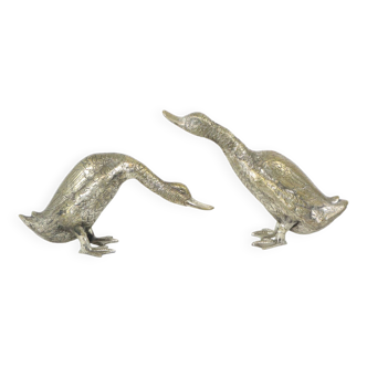 Couple of Ducks Geese Silver Plated Bronze France 1940s