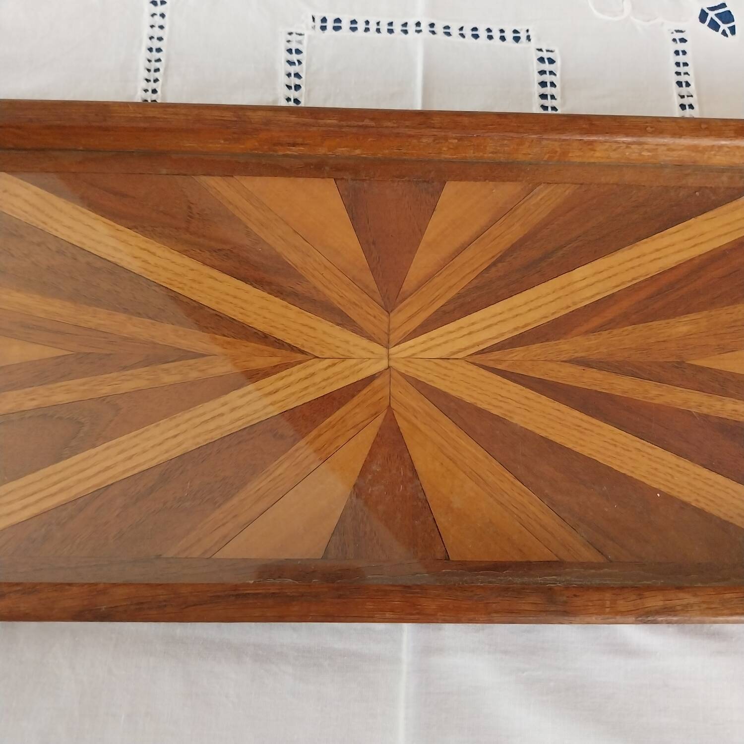 Antique rectangular tray in art deco marquetry wood