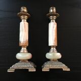 Pair of alabaster and brass candle holders